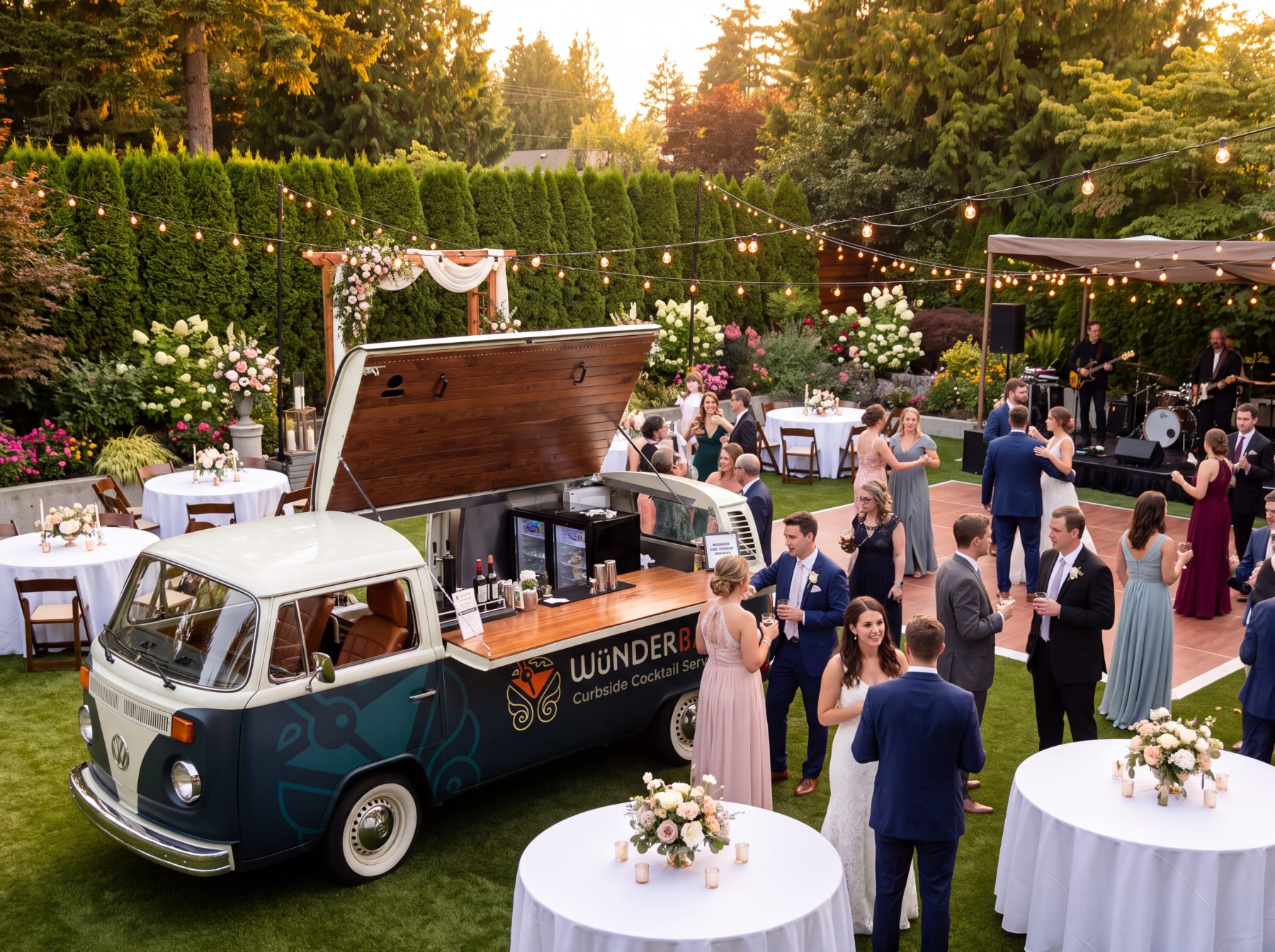 Wünderbar bus at a garden wedding reception with a live band