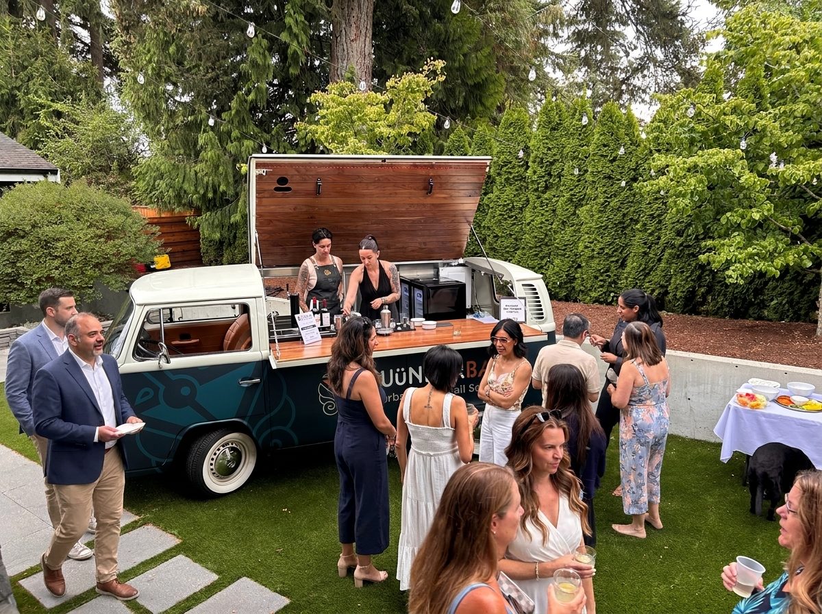 Two bartenders serving guests from the bus