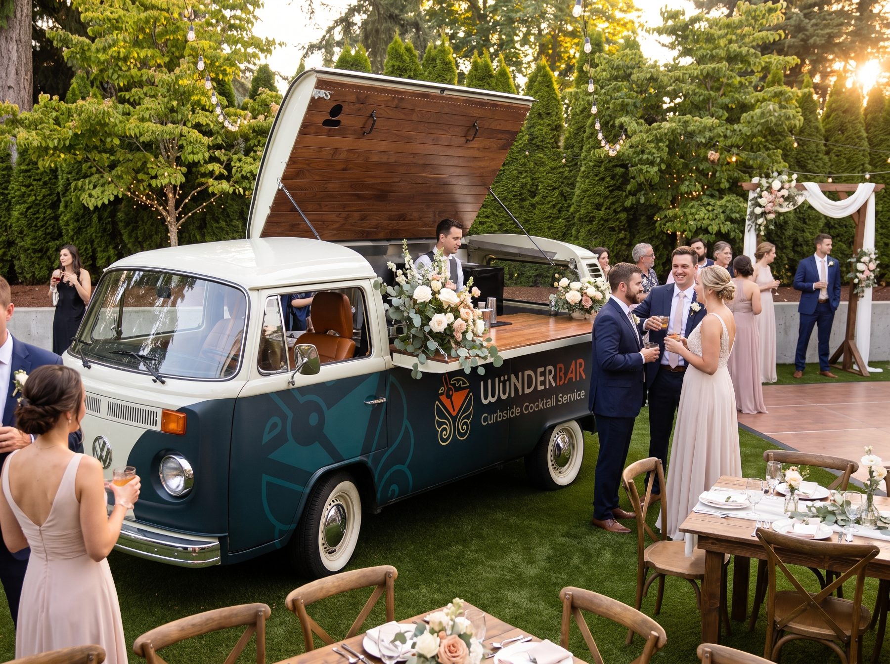 The Wünderbar bus decorated with flowers at a wedding