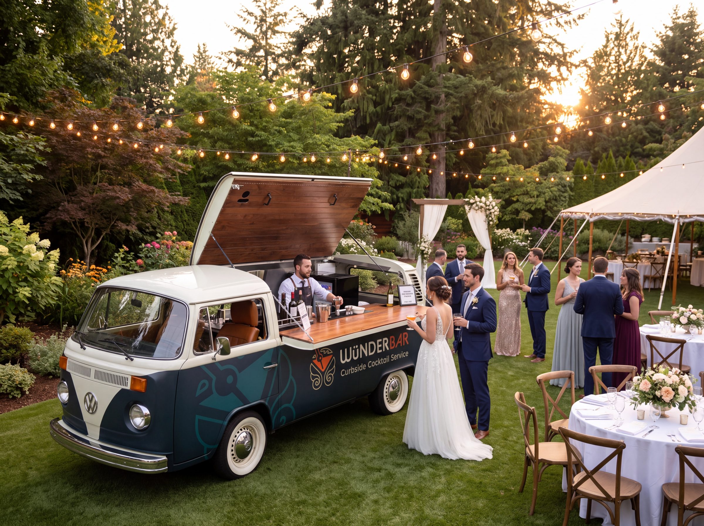 The Wünderbar bus serving cocktails to a bride, groom and guests at a garden wedding